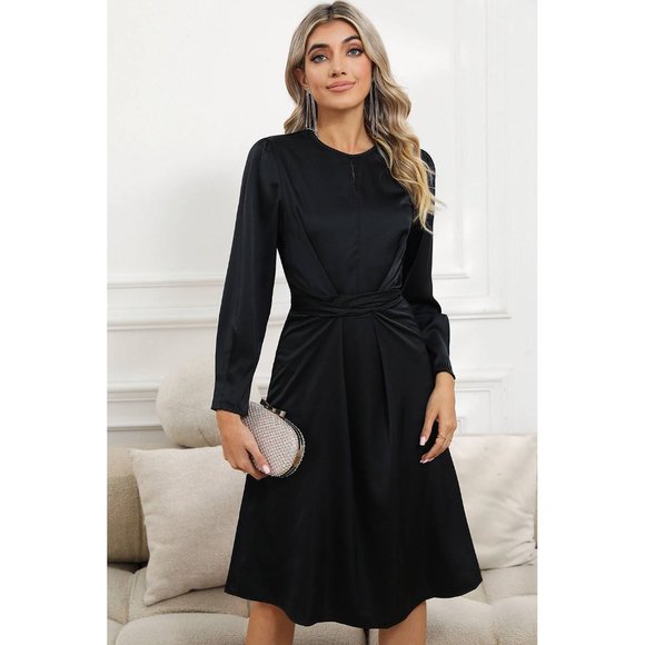 Black Twist Front Tie Back Long Sleeve Satin Dress - Picture 11 of 16
